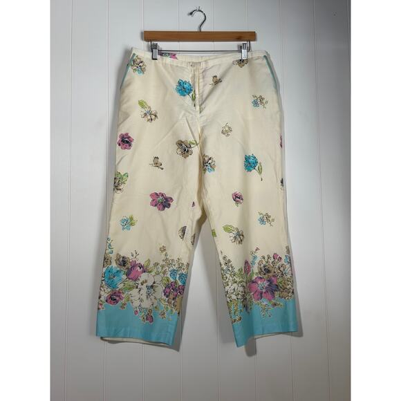 Oscar de la Renta Size 14 Wide Leg Crop Pants Cream Turquoise Floral Print Lined - Picture 2 of 7